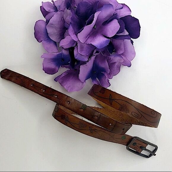 Vintage Hand Tooled & Painted Floral Leather Belt sz S main image 6
